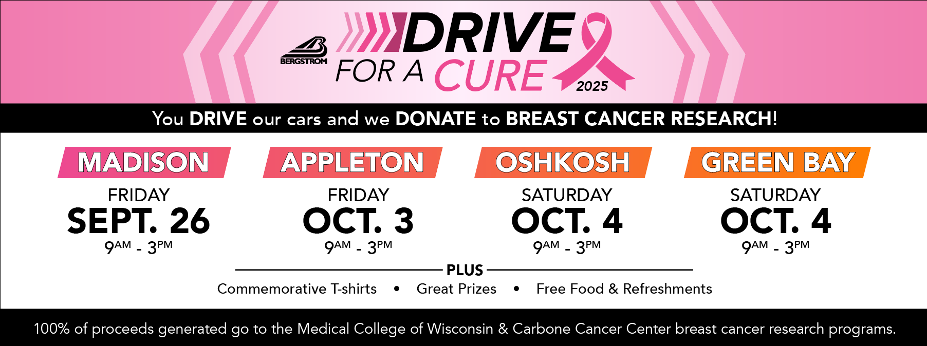 Drive for a Cure 2025 banner for Bergstrom Automotive with dates for Madison, Appleton, Oshkosh, and Green Bay